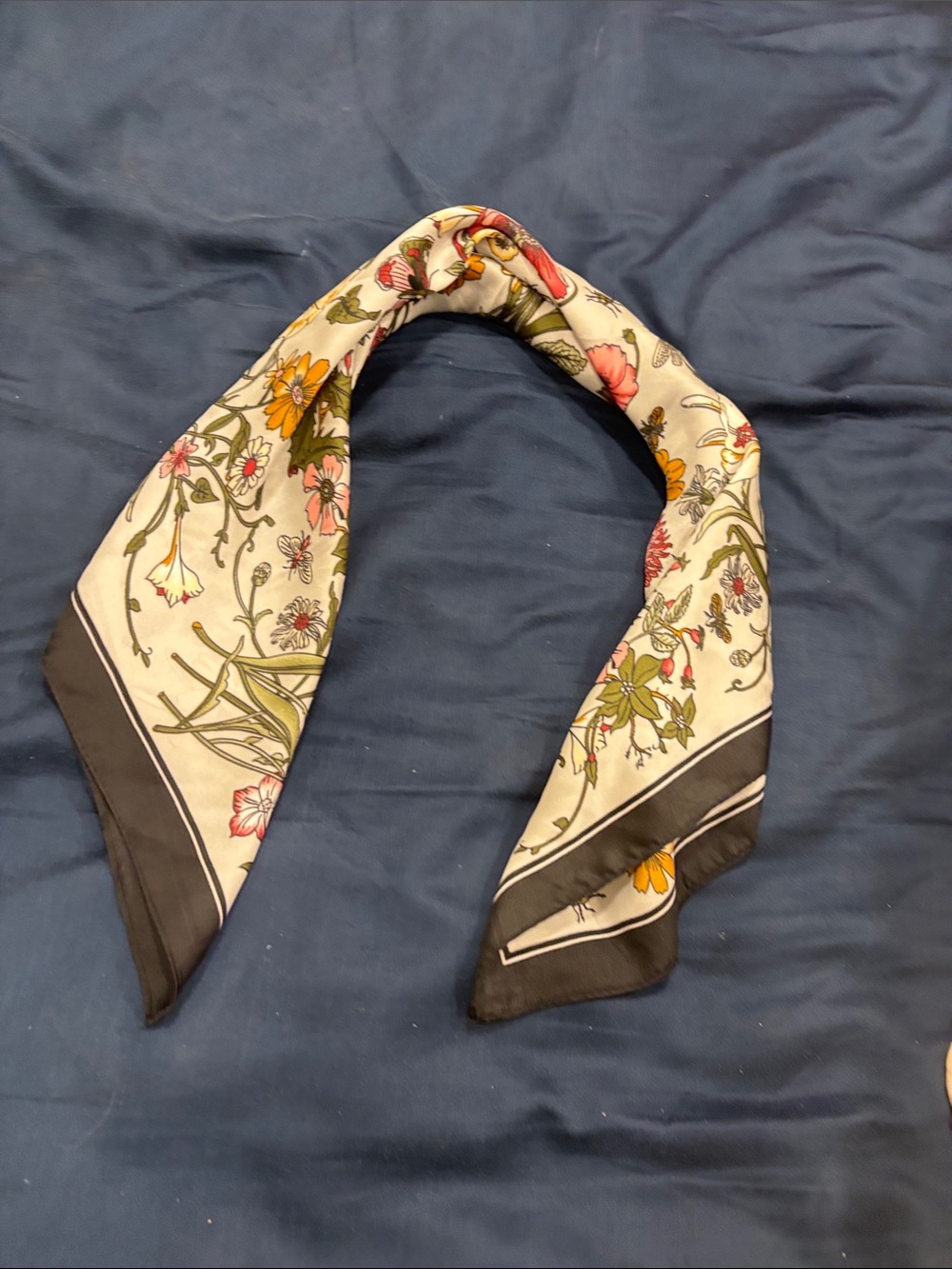 Floral Print Silk Scarf - Cream and Black